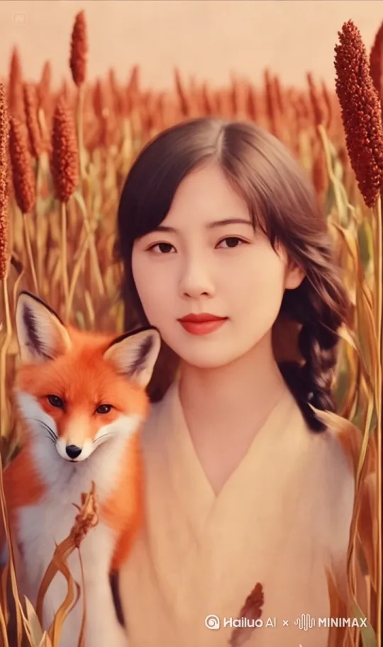 傍晚年轻女子慢步在红高粱地，运镜眼睛的目光眺望远方，看着跑来一只小狐狸，年轻女子抱起了小猫咪，运镜随女子的目光远望 by Hailuo AI Video Generator