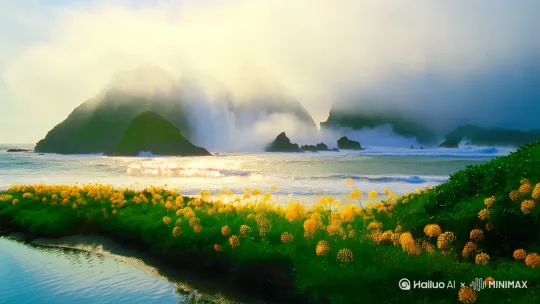 岛青花黄海潮边，水气蒸腾雾连天。  
镜头缓缓推进，青翠的岛屿与金黄的野花在潮水边交织，海风轻拂，花瓣随风摇曳。远处，海浪拍打着礁石，激起层层白沫，水气升腾，与天边的雾气融为一体，仿佛天地相连。阳光穿透薄雾，洒在海面上，波光粼粼，如梦似幻。镜头拉远，整个画面宛如一幅水墨画卷，宁静而壮丽，令人心旷神怡。 by Hailuo AI Video Generator