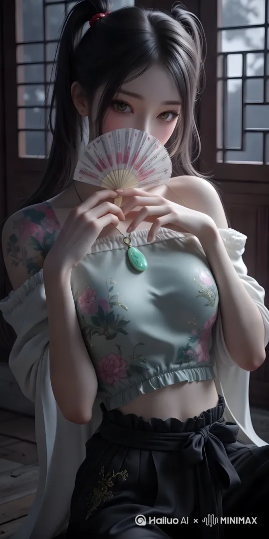 高处[推进，下降]到角色，然后[右移,左摇,跟随]，少女邪魅的微笑，左手的小扇子遮住嘴扭动细腰起舞 by Hailuo AI Video Generator