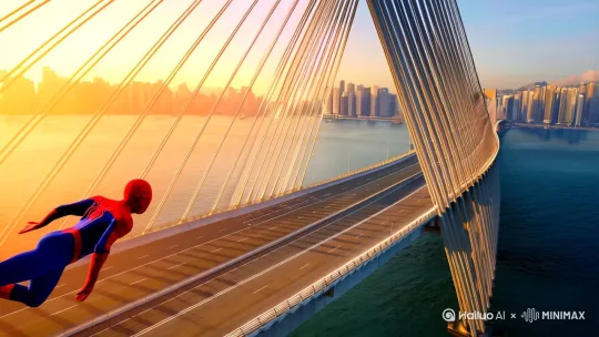 蜘蛛侠在港珠澳大桥上来回飞跃 by Hailuo AI Video Generator