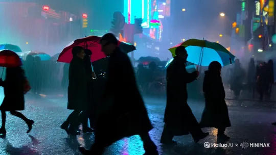 街头艺人 + 夜晚 + 霓虹灯 + 下雨 + 路人撑伞经过 + 电影感 + 超现实色彩 + 城市的孤独感 by Hailuo AI Video Generator
