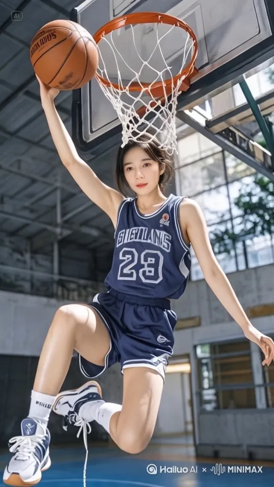 一位年轻女子在室内篮球场完成三步上篮动作。她身穿运动背心蓄力助跑，右手持球跨步起跳，舒展手臂将篮球扣入金属篮筐，马尾辫在跃起时向后扬起。顶棚灯光照亮汗水闪烁的额头，木地板周围散落着其他运动员的身影。 by Hailuo AI Video Generator