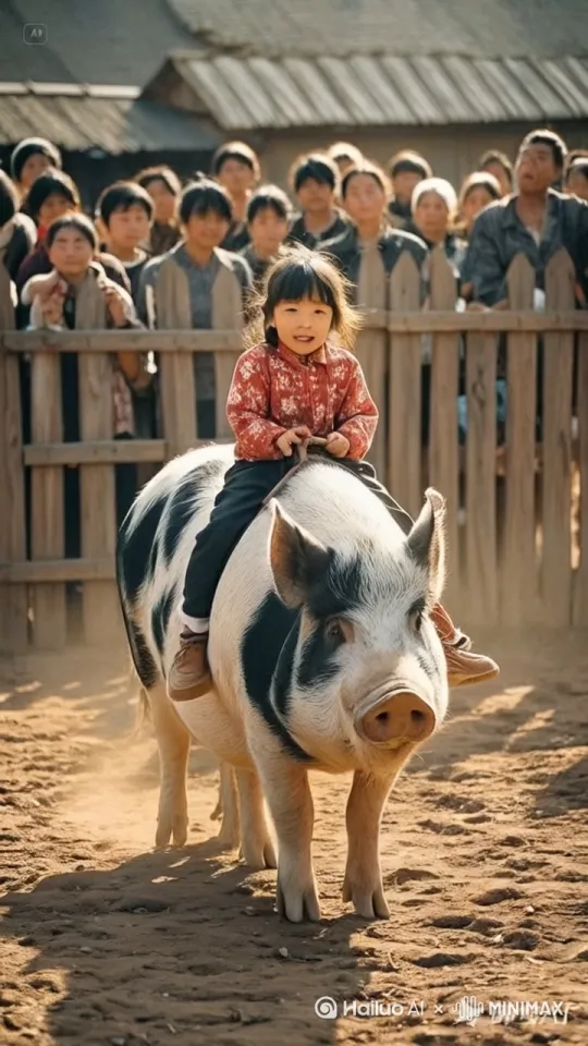 镜头移动，母猪在场地中左右奔跑、上下跳跃、疯狂跳跃，小女孩紧紧骑在母猪身上，小女孩骑着猪向前方飞走了 by Hailuo AI Video Generator