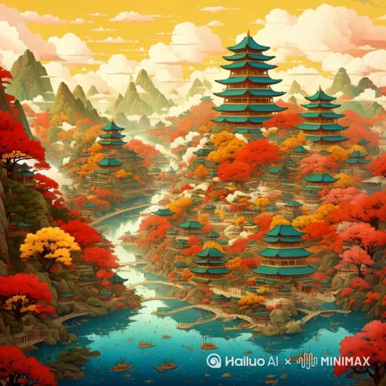 云雾缓缓飘动，露出太阳，一股风带着叶子吹过，水流也在缓缓波动，小船在水面轻轻摇晃 by Hailuo AI Video Generator