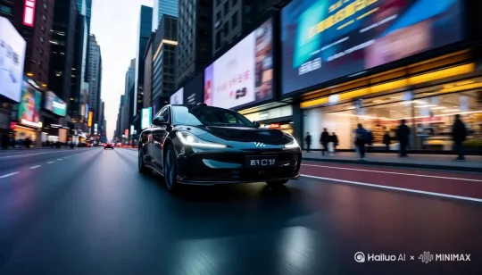 [拉远]汽车在城市道路是极速奔驰，周围景物都一闪而过 by Hailuo AI Video Generator