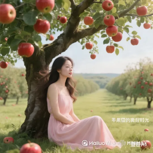 帮我生成一个视频：美女瞬间飞上苹果树再高一层的树叉上，坐在树叉上摘下一个大苹果吃。 by Hailuo AI Video Generator