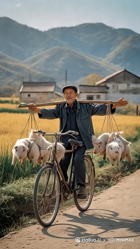 大爷骑着自行车在路上快速行驶，双脚快速踩踏自行车踏板，自行车轮胎着火，镜头移动，动态跟随 by Hailuo AI Video Generator