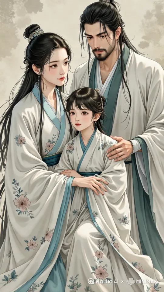 俯视特写：母亲看着孩子，蹲着成团花状环抱孩子，淡墨勾勒的泪珠晕在粗布衣襟，父亲站着粗糙的手悬在孩子颤抖的肩头目光看向孩子[下降,上摇]。三人都是穿古代服装 by Hailuo AI Video Generator