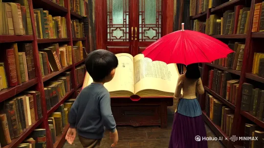 江南梅雨季的旧书店，男生总在下午3点遇见拿红纸伞的女生，但她每次见面都更年轻。原来女生是时间逆行者，雨滴是她倒流的生命。某日暴雨，男生将两人相遇的瞬间刻进古籍书页，书页遇水晕染成水墨动画：她倒退着从白发老妇变回少女，而他正向奔跑，终于在时间中轴线的雨幕里迎面相撞。伞沿滴落的水珠悬浮成环，困住一刻永恒。 by Hailuo AI Video Generator