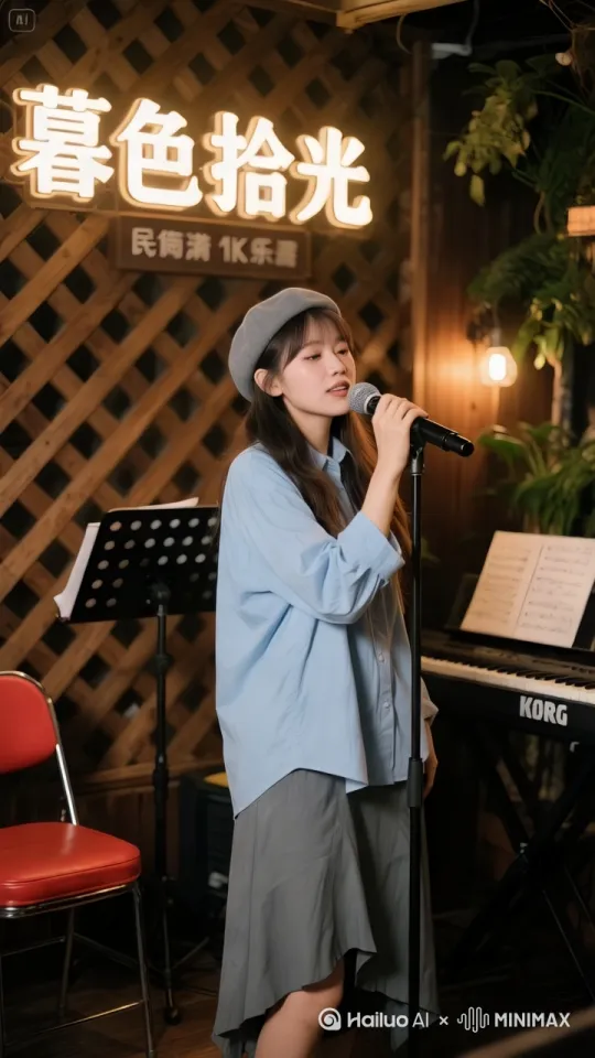 [推出,上升,下摇]专注演唱、手持话筒、微微仰头 by Hailuo AI Video Generator