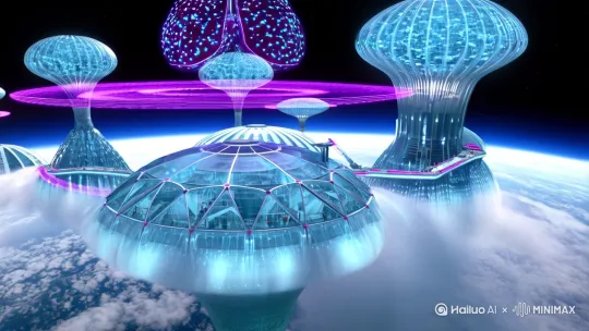 超现实4K星舰文明，晶体生态穹顶悬浮于氦-3气态巨行星环流层，建筑群呈现量子纠缠态几何体（正十二面体与克莱因瓶拓扑结构），表面覆盖自修复纳米磷光涂层（色值#0AFFED至#9D00FF渐变），能量矩阵由反物质反应堆供能（紫色等离子电弧每秒脉动12次），悬浮交通网采用曲率泡驱动舱（舱体显示时空扭曲的格里菲斯波纹），中央智慧核心呈现全息生物量子脑（5000万根发光神经突触动态重组），环境充斥高密度信息流（三维投影符文以克莱因蓝#476AFF频闪），大气层外悬浮戴森云采集环（每个模块呈现分形康托尔尘结构），地表流淌液态金属河流（镜面反射太空电梯的红色激光阵列），天空三重卫星投射引力透镜彩虹，文明个体为硅基-光子共生体（半透明躯体内部可见量子比特跃迁轨迹），背景深空浮现银河系悬臂的全息星图（标注1.2万光年曲率航道）" 

（关键技术参数：氦-3行星大气密度1.29kg/m³，晶体穹顶跨度82km，量子脑运算速度10^36次/秒，曲率舱移动系数η=0.9995c，纳米涂层厚度7μm，能量矩阵输出功率12PW by Hailuo AI Video Generator