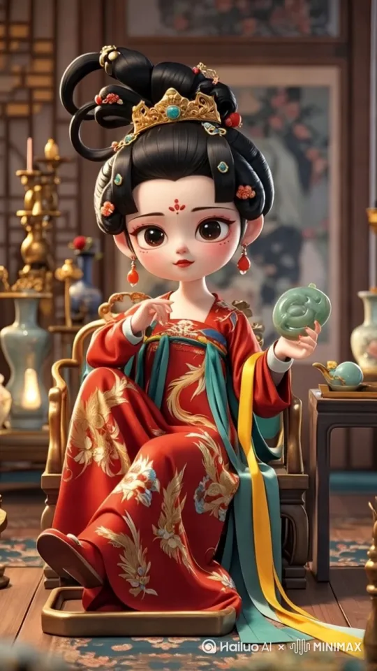 采用 3D 卡通渲染风格，整体画面色彩鲜艳明亮且富有层次感。动画以柔和的淡入效果开场，展现妃子坐在古色古香的宫殿座椅上。妃子的头部轻微转动，眼睛灵动地眨动，眼神中流露出温婉与思索，口中似有轻柔的语音缓缓诉说。
她手持玉佩的手臂有轻微的抬起、放下动作，手腕优雅地转动，让玉佩在手中轻轻晃动，玉佩表面要有细腻的光影变化，凸显其温润质感。身上的红色华服随着身体的轻微动作，丝绸材质自然地摆动、褶皱，金色凤凰刺绣仿佛微微闪烁光芒，配饰如发间珠翠、耳饰等随着动作有轻微的晃动碰撞，发出清脆的音效 。
背景中的宫殿场景，烛台的烛火微微摇曳，光影在墙壁和器物上跳动，花瓶、摆件等陈设保持静止但有柔和的光影变化，营造出静谧而典雅的氛围。动画以柔和的淡出效果结束。 by Hailuo AI Video Generator