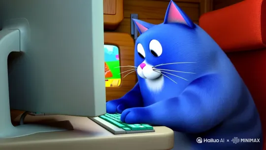在一间温馨的小屋里，一只圆滚滚的蓝色胖猫正专注地玩着电脑。它那肥嘟嘟的爪子轻轻搭在键盘上，时不时地按下几个键，眼睛紧紧盯着屏幕，里面闪烁着五彩斑斓的游戏画面。
 
胖猫的身体几乎把整个电脑椅都占满了，肚子上的蓝色绒毛随着它的呼吸微微起伏。它偶尔会歪歪脑袋，似乎在思考下一步该怎么操作。屏幕上的游戏角色在胖猫的操控下，灵活地躲避着各种障碍，胖猫的眼神中满是兴奋与投入，仿佛完全沉浸在了这个虚拟的世界里，周围的一切都与它无关，只专注于眼前这台电脑带来的欢乐。 by Hailuo AI Video Generator