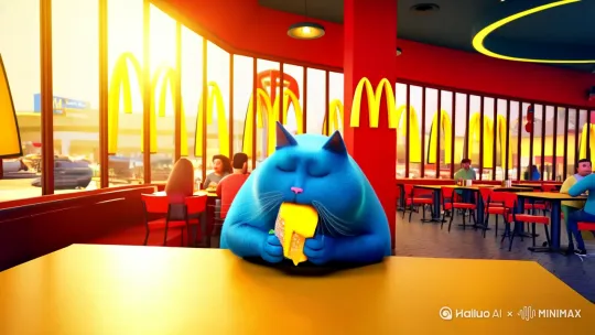 一只蓝色的肥猫在吃麦当劳 by Hailuo AI Video Generator