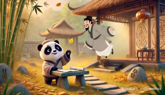 图中的熊猫像诗人一样在背诗，空中的人笑呵呵地看着它 by Hailuo AI Video Generator