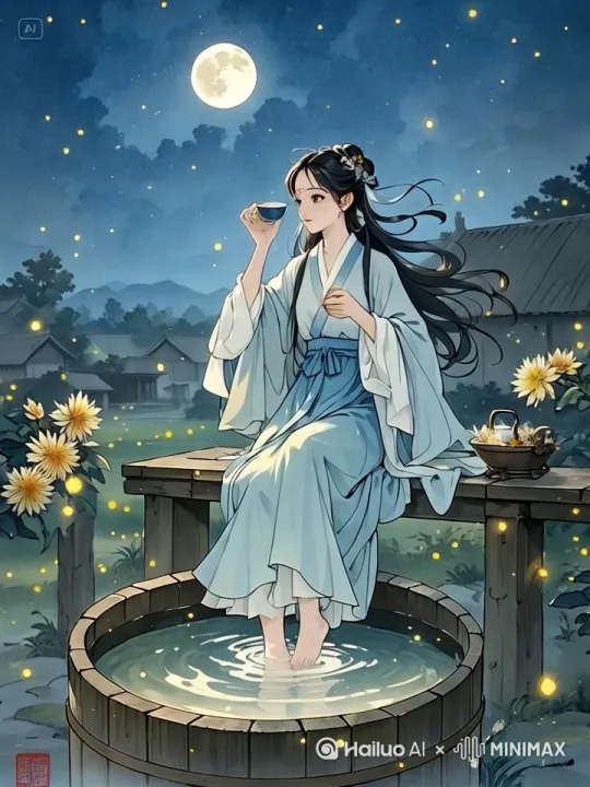 [左移,右摇,跟随]女子喝茶，泡脚盆里的形成涟漪，花朵微微摇动 by Hailuo AI Video Generator