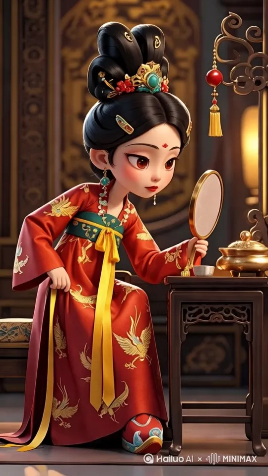 采用 3D 卡通渲染风格，延续画面古雅精致的氛围。妃子微微皱眉，眼神带怨，嘴唇轻启作抱怨状，头部小幅度转动，手中铜镜随之轻微晃动，镜面反射出细腻光影变化。她的红色华服随呼吸或轻微动作自然起伏，黄色丝带如流水般轻柔摆动，衣料褶皱与凤凰刺绣随动作产生细腻光影流转。发间珠翠、耳饰伴随头部动作轻轻摇晃，碰撞出清脆细微的音效。背景中烛火摇曳，暖光在墙面与器物上跃动，旁边的金色容器表面映出光影的微妙变化，营造出宫殿内略带寂寥的氛围。整体动态舒缓自然，突出妃子抱怨时的娇嗔与哀怨情绪，保留画面原有古风韵味的同时，赋予角色与场景鲜活的动态生命力。 by Hailuo AI Video Generator