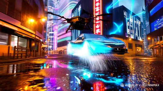 neon-drenched rain-soaked alleyways, its ion thrusters blazing vivid turquoise plasma trails that slice through reflective puddles like liquid lightning, drone cam spirals alongside the car’s chrome curves as fisheye lenses warp skyscrapers into kaleidoscopic streaks, water droplets freeze mid-splash under strobing holographic billboards that scream retro-futuristic kanji,the city’s heartbeat thrums in bass-heavy engine roars while raindrops morph into glowing data streams upon hitting the windshield’s augmented reality overlay. by Hailuo AI Video Generator