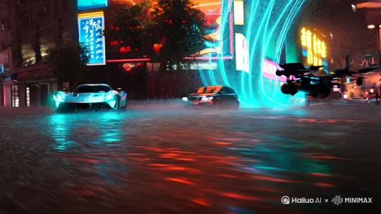 5 秒，16:9，60fps，UHD
霓虹雨巷中银色超跑疾驰（0-1.5s），离子尾焰 turquoise 轨迹切割雨幕，无人机螺旋跟拍；鱼眼镜头扭曲城市（1.5-3.5s），广告牌汉字粒子化分解；挡风玻璃 AR 界面爆发数据洪流（3.5-5s），引擎声量子化跃迁。
赛博朋克・流体模拟・维度折叠・声画对撞
— no: 运动模糊，粒子穿模，模型变形，材质闪烁 by Hailuo AI Video Generator