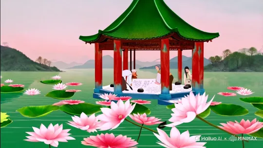 **湖心亭画事**
风从南山坳转来,揉碎满湖碧玉。粉白花瓣随风轻颤,在涟漪上点出十八重深浅不一的胭脂晕。翠叶翻卷时露出银白的叶背,恍若千万只振翅欲飞的白鹭。
六角亭立在潋滟中央,朱红漆柱剥落处露出松木肌理。青石阶沁着晨露,几方澄泥砚压着雪浪宣,狼毫尖坠落的墨珠在纸上洇出远山轮廓。穿竹布长衫的少年俯身运笔,鬓角碎发在宣纸上投下颤动的影。
亭角铜铃叮咚作响。执团扇的姑娘将笔杆抵在下颌,绢面上半开的花苞正与她襟口的盘扣缠绵。老画师屈指叩响石桌,惊得徒弟腕底一抖——刚描好的莲瓣突然斜逸出去,倒成了掠过水面的蜻蜓残翼。
阳光像金纱穿过飞檐,在砚池里熔成一汪金箔。半卷的《芥子园画谱》被风掀动,哗啦啦翻过荷花的二十四种写法。不知谁的衣袖轻扫石青颜料,那抹幽蓝便顺着裂纹爬上石柱,在百年旧苔旁开出新鲜的青花。 by Hailuo AI Video Generator