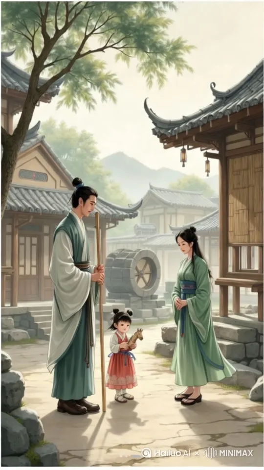 水墨晕染的农家院全景：茅草屋檐垂着竹帘，石磨旁父亲扶犁而立，扎总角的小童攥着木马涨红脸跺脚，母亲青衫裙裾被风吹起 by Hailuo AI Video Generator