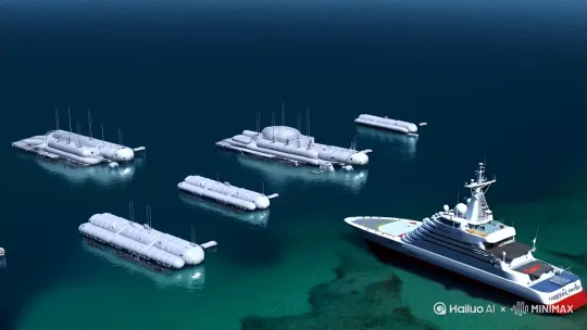 海底城市布局（2070-2120）
第一阶段（2040-2070）：深海科研站与资源前哨。聚焦矿产开采（锰结核、稀土）、能源开发（海底核电站、温差发电）。半永久性充气结构或耐压舱体，依赖水面母舰支持。第二阶段（2070-2100）：中型居住与产业综合体。模块化水下社区，用于旅游业、数据中心（低温散热优势）和基因研究（深海生物资源）。通过透明纳米材料穹顶提供自然光照模拟，结合人工海流维持生态平衡。第三阶段（2100年后）：自维持海底城市网络。利用合成生物技术（如基因编辑藻类供氧）和地热能源，建立万人级城市。海底隧道连接城市节点，形成“海洋丝绸之路”。 by Hailuo AI Video Generator