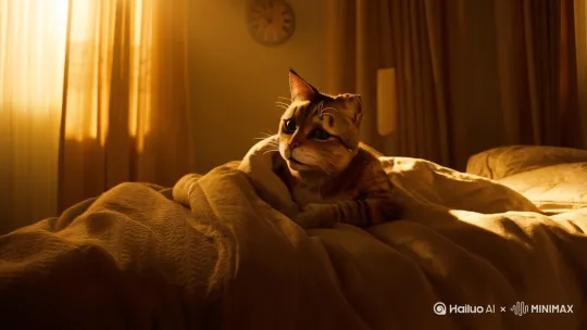一只拟人化狸花猫躲在被窝里偷偷的哭 by Hailuo AI Video Generator