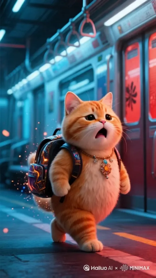 一只胖嘟嘟的大橘猫，毛发柔顺且色泽鲜亮，身上背着色彩绚丽、图案独特的背包，脖颈间戴着精致的项链，上面点缀着多彩的饰品。它正行走在地铁车厢内，车厢内灯光营造出冷暖交织的氛围，金属质感的车厢和红色的车门清晰可见，画面充满都市奇幻感。 by Hailuo AI Video Generator