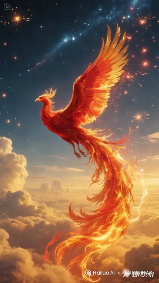 [推进,上升]火鳳凰，金紅色羽毛發光往左振翅翱翔，羽毛色彩逐步由火紅過渡至金紅交融，粒子數量與亮度同步增加，背景光點與漂浮羽毛同步加強，整體光效流動自然 by Hailuo AI Video Generator