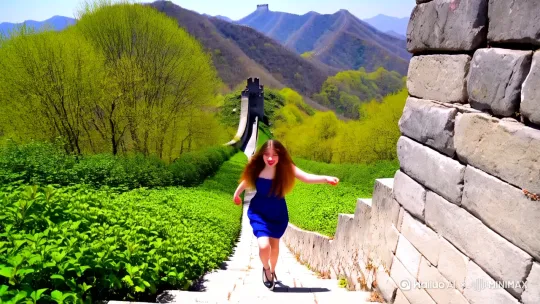 一位俄罗斯长发飘逸的美少妇，春天一个阳光明媚的日子，登上中国的万里长城，并且振臂高呼，“中国我爱您”，并且并且唱起了《我爱你中国》，人物鲜活，有动感，长城周围有绿色植物，映衬， by Hailuo AI Video Generator