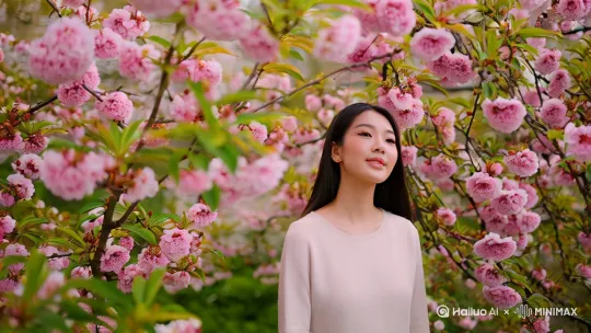25岁现代美女，在桃园赏花 by Hailuo AI Video Generator