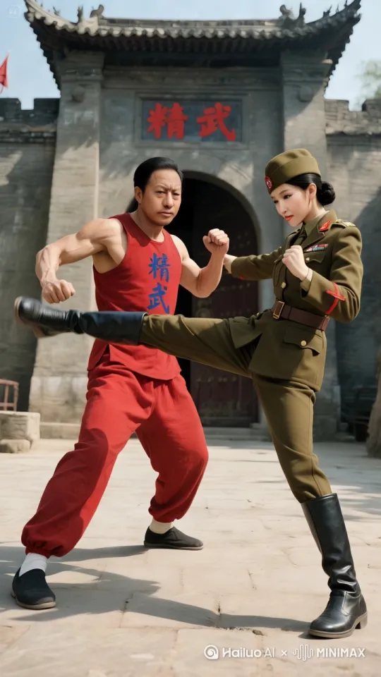 迅猛对招，激烈对打，拳打脚踢，往后退，到后面的院子里面激烈，对打拳打脚踢，空翻对打。你打我踢，我踢你打，两个人目露凶光，同时惨叫，口喷鲜血，男人打的女人连连后退，已经打歪眼冒金星晕头转向 by Hailuo AI Video Generator