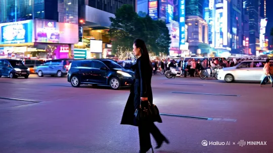 [左移,右摇,跟随]一个中国美女手提一只包包穿着黑色风衣走在上海夜晚的街道上，来往的车辆和行人从他身后经过，后面跟着几名男子尾随其后。[左移,跟随] by Hailuo AI Video Generator