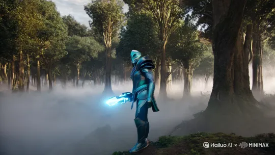 一名外星人战士，走在树林子里面，拿着能量武器准备埋伏敌人 by Hailuo AI Video Generator