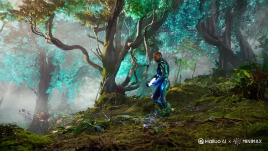 一名外星人战士，走在树林子里面，拿着能量武器准备埋伏敌人 by Hailuo AI Video Generator