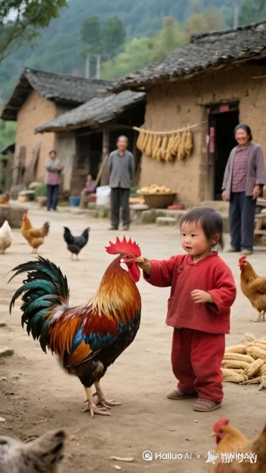 小女孩左腿猛地一蹚地，高高跃起，右脚如旋风般扫向公鸡的头部。公鸡机灵地低头闪躲，同时猛地向前一冲，用头顶向小女孩的腹部。小女孩左拳一招右拳则如雷霆万钧之势直击公鸡的侧身。公鸡侧身一扭，避开拳头，公鸡跳起来施展出迅猛的连环踢猛踢向小女孩。小女孩迅速抽回手，公鸡突然高高跃起，向小女孩踢去，小女孩趁公鸡落地未稳，飞起一脚踢在公鸡的后腿上，他们的招式刚柔并济，时而是刚猛的直拳，时而是柔美的转身回旋踢。其它的人都站起身来鼓掌呐喊。 by Hailuo AI Video Generator