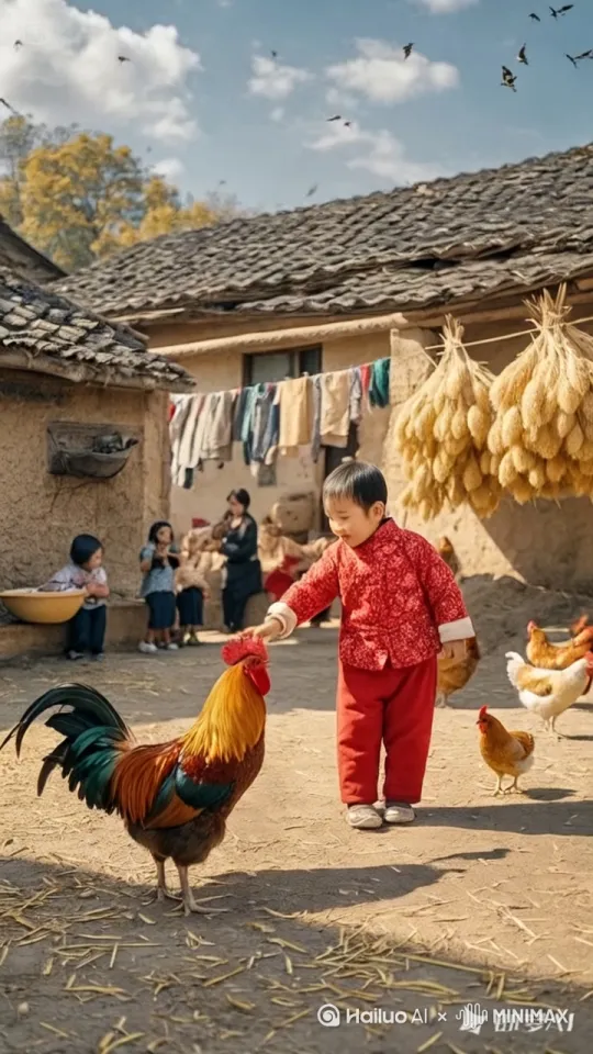 小女孩左腿猛地一蹚地，高高跃起，右脚如旋风般扫向公鸡的头部。公鸡机灵地低头闪躲，同时猛地向前一冲，用头顶向小女孩的腹部。小女孩左拳一招右拳则如雷霆万钧之势直击公鸡的侧身。公鸡侧身一扭，避开拳头，公鸡跳起来施展出迅猛的连环踢猛踢向小女孩。小女孩迅速抽回手，公鸡突然高高跃起，向小女孩踢去，小女孩趁公鸡落地未稳，飞起一脚踢在公鸡的后腿上，他们的招式刚柔并济，时而是刚猛的直拳，时而是柔美的转身回旋踢。其它的人都站起身来鼓掌呐喊。 by Hailuo AI Video Generator