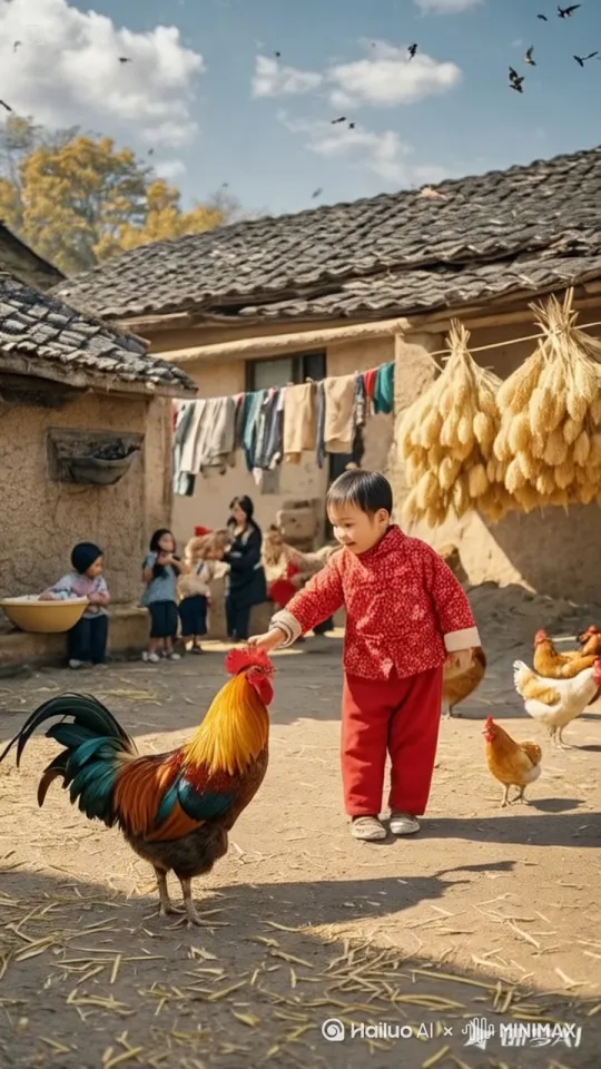小女孩左腿猛地一蹚地,高高跃起,右脚如旋风般扫向公鸡的头部。公鸡机灵地低头闪躲,同时猛地向前一冲,用头顶向小女孩的腹部。小女孩左拳一招右拳则如雷霆万钧之势直击公鸡的侧身。公鸡侧身一扭,避开拳头,公鸡跳起来施展出迅猛的连环踢猛踢向小女孩。小女孩迅速抽回手,公鸡突然高高跃起,向小女孩踢去,小女孩趁公鸡落地未稳,飞起一脚踢在公鸡的后腿上,他们的招式刚柔并济,时而是刚猛的直拳,时而是柔美的转身回旋踢。其它的人都站起身来鼓掌呐喊。小女孩与公鸡激烈互打之后,公鸡身上鸡毛乱飞。 by Hailuo AI Video Generator