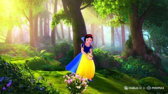 吉卜力画风，迪士尼白雪公主森林里采花发现一只小鸟儿 by Hailuo AI Video Generator