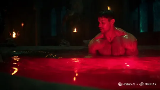 邪恶的魔窟的血池中，有一位只有上半身的健壮男子从血池中缓缓站起，他的眼睛闪烁红色诡异光芒，上半身肌肉丰满，身上的皮肤变为蛇鳞。男子下半身的已经蛇的身体了了。他的表情享受的展示自己健壮的身躯。 by Hailuo AI Video Generator