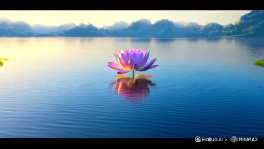 平静的湖面，一朵很大的慢慢盛开的莲花由远及近[推进]，莲花上方升起放出金光的太阳[下降]汉语的世界佛诞节几个字环绕太阳，湖周围有山有树有花有草，随风摇曳，好多小动物看向莲花，欢喜跳跃 by Hailuo AI Video Generator