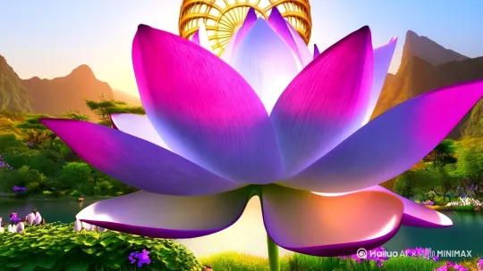 平静的湖面，一朵很大的慢慢盛开的莲花由远及近[推进]，莲花上方升起放出金光的太阳[下降]世界佛诞节环绕太阳，湖周围有山有树有花有草，随风摇曳，好多小动物看向莲花，欢喜跳跃 by Hailuo AI Video Generator