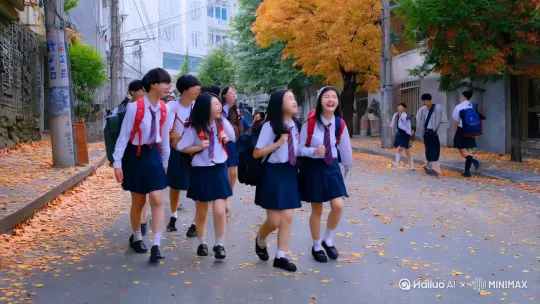 [跟随]一群背着书包穿深圳校服的学生走过落叶纷飞的真实街道。
[推进,上升]学生们追逐嬉闹，有说有笑，书包随身体跳动。 by Hailuo AI Video Generator