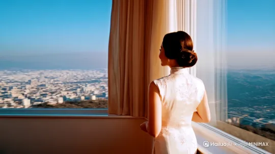 一个女人穿着高档新中式旗袍礼服，在窗台前看着远处风景[左移,推进,右摇]头慢慢转过来，特写微笑，笑容，丁达尔效应的阳光照在后方，女人如同在阳光下[右移,跟随] by Hailuo AI Video Generator