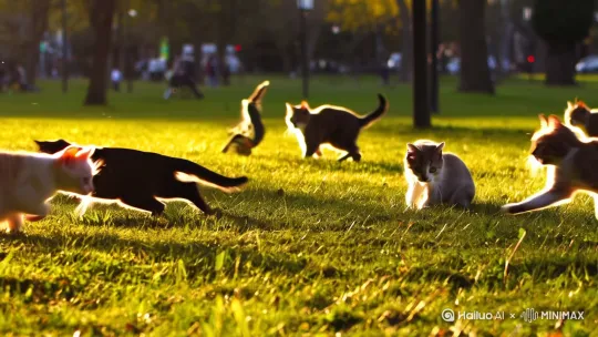 一群猫咪在公园玩儿，镜头固定在猫咪身上并且不断转换镜头，画面感偏暖色，小猫要生动活泼可爱 by Hailuo AI Video Generator