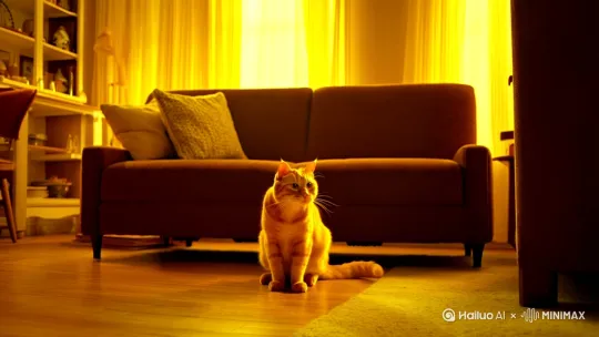 第1秒：客厅中橘猫蹲伏(三分法,暖光,中景,氛围静)；第2秒：猫起跳，镜头推进加速(光影亮,色彩黄,情绪期待)；第3秒：希区柯克式，猫空中转360度(特写,光影闪,氛围幻)；第4秒：残影散，镜头环绕慢放(光影稳,色彩归黄)；第5秒：落地定格，旁白点题(余韵留白) 。 by Hailuo AI Video Generator