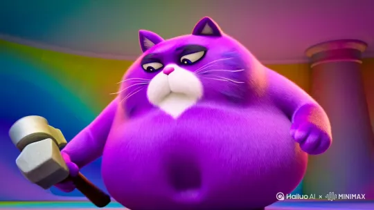 一只紫色的大胖猫，拿起锤子打了一个黄色的猫这个黄色的猫不见后又有一个黄色的猫出现，胖猫再次打死了几个猫 by Hailuo AI Video Generator