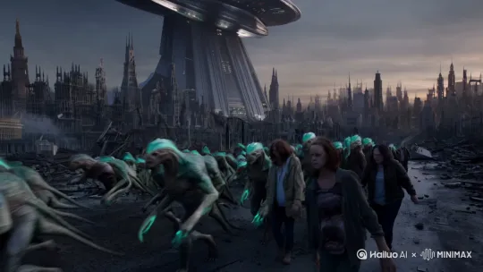 外星生物从飞船上走下来，在一片城市废墟中，驱赶着残余的人类 by Hailuo AI Video Generator
