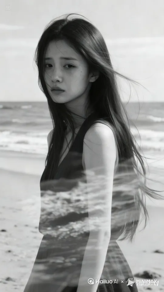微风吹动女孩的头发，头发丝丝飘起，一滴泪珠滴落在女孩的腮边，海水涌动，悲凉女主，长发飘飘摄影佳作，黑白，淡彩，情景氛围感，白天的海滩上，一个长发飘逸的伤感女孩，多重曝光，动态模糊，光影美学，近景动态模糊，遮挡，慢快门，长焦，广角，噪点，漏光，胶片颗粒质感增强，高级感，细节生动完美，正面全身清晰。电影之感。 by Hailuo AI Video Generator
