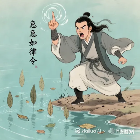 这个人口中念念有词，树叶一片片树立起来，排列成一排 by Hailuo AI Video Generator